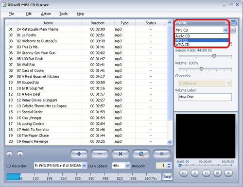 Choose the output CD format that you want to burn in the right ...